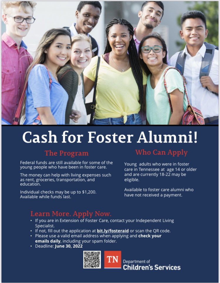 Federal stimulus funds are still available for former foster care youth in Tennessee! MUST APPLY by June 30, 2022. Visit bit.ly/fosteraid to apply. Check your email for status updates on your application. Former foster youth currently between the ages of 18-22 can apply.