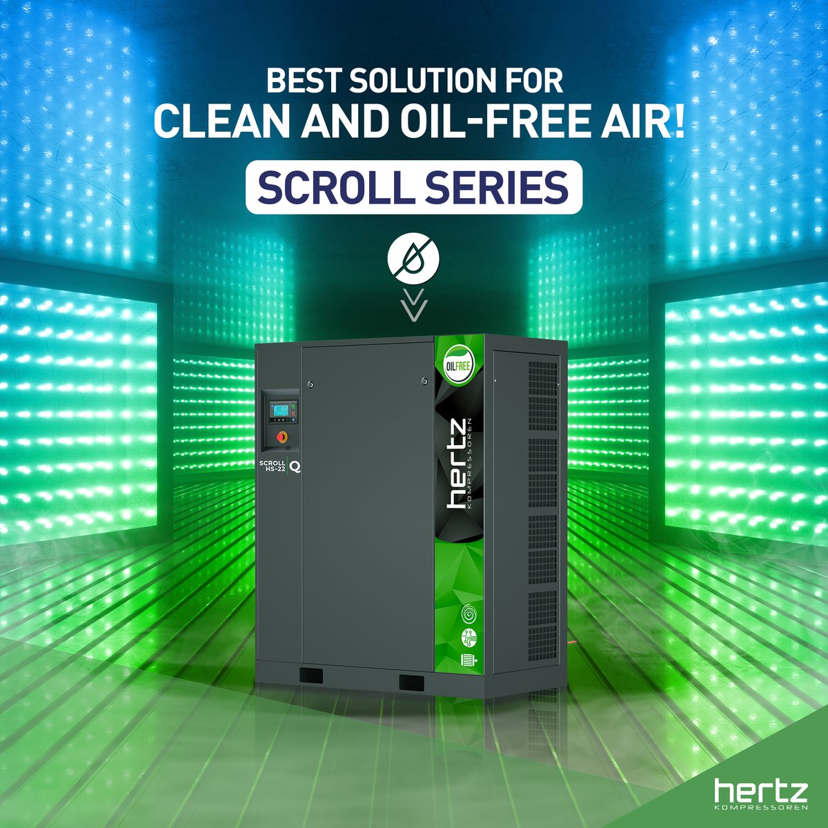 Hertz oil-free scroll compressors are the best solution for clean compressed air for industries such as electronics, food &amp; beverage, pharmaceutical as well as applications that clean oil-free air is essential; dental, railway transportation &amp; medical applications.