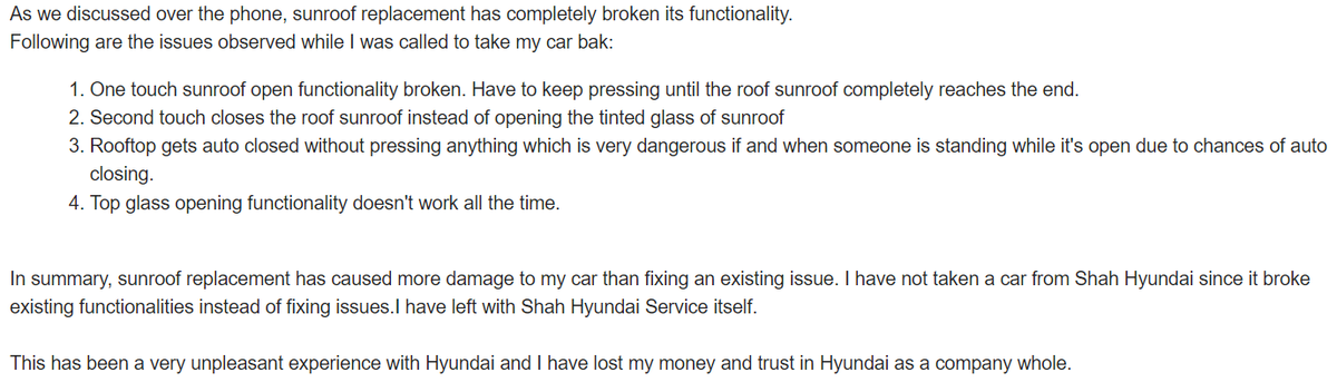 yourSiddu's tweet photo. Hello @HyundaiIndia,
My car sunroof functionality is broken after it was taken for sunroof replacement. 
I have completely lost trust in Hyundai car and do not suggest anyone to buy.
#Creta #Hyundai #dontbuyhyundaicars #worstcar #sunroofissue #unsafecar https://t.co/rGplFDJDWI