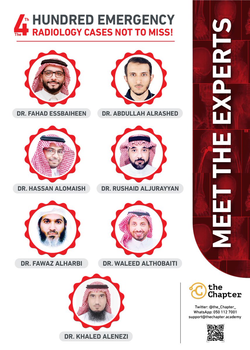 لا تفوت فرصة لقاء الخبراء :
بدورة "مئة حالة طارئة في تخصص الأشعة"
The 4th HUNDRED Emergency Radiology Cases Not to Miss!

- على مدى 3 أيام يقدم فيها أكثر من 100 حالة طارئة بشكل تفاعلي.
- 8 ساعات معتمدة من الهيئة السعودية للتخصصات الصحية.
- شهادات حضور

🌐bit.ly/TW4thHERC