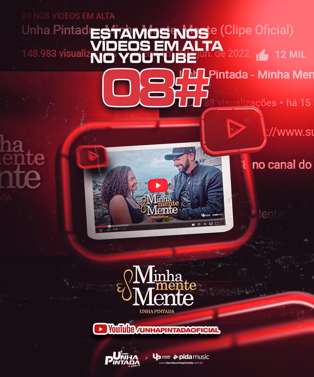 UnhaPintadaOf's tweet photo. Estamos em 8# nos Vídeos em Alta no @youtube com o novo sucesso "Minha Mente, Mente" muito obrigado a cada um de vocês que estão assistindo e vamos rumo a o 1# ❤️🤩
Link: https://t.co/wHCG7XmgNo
#unhapintada #unhapintadaoficial #chamaboy #ogostosinho https://t.co/ji9pez0mN6
