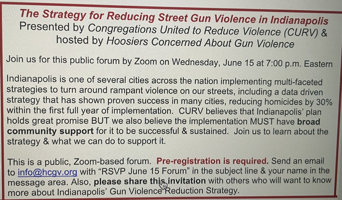 Please join HCGV for our forum on reducing gun violence in Indianapolis. All are welcome to attend this event Wednesday, June 15th at 7 ET by using the rsvp information listed below.