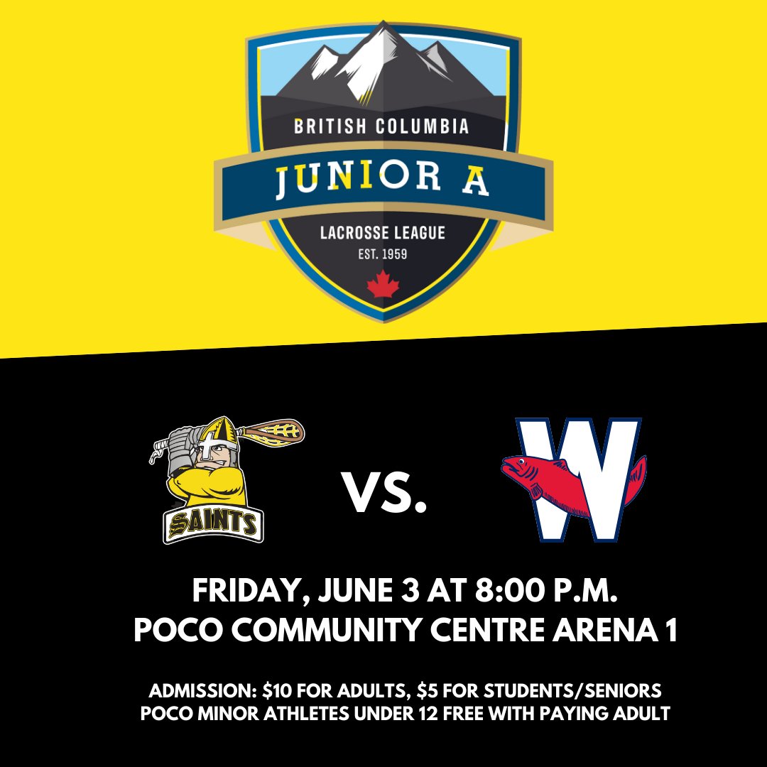 Poco Saints lax (@pocosaintslax) on Twitter photo It is game night! Come down to the PoCo Community Centre and watch an action packed game of lacrosse! Our Jr A Saints take on the Bellies at 8pm.
#pocosaints #saintslacrosse #jralacrosse #bclacrosse #boxlacrosse
Go saints Go! 🔥🤛🥍
<a href="/SaintsJrA/">Poco Jr Saints</a> It is game night! Come down to the PoCo Community Centre and watch an action packed game of lacrosse! Our Jr A Saints take on the Bellies at 8pm.
#pocosaints #saintslacrosse #jralacrosse #bclacrosse #boxlacrosse
Go saints Go! 🔥🤛🥍
<a href="/SaintsJrA/">Poco Jr Saints</a>