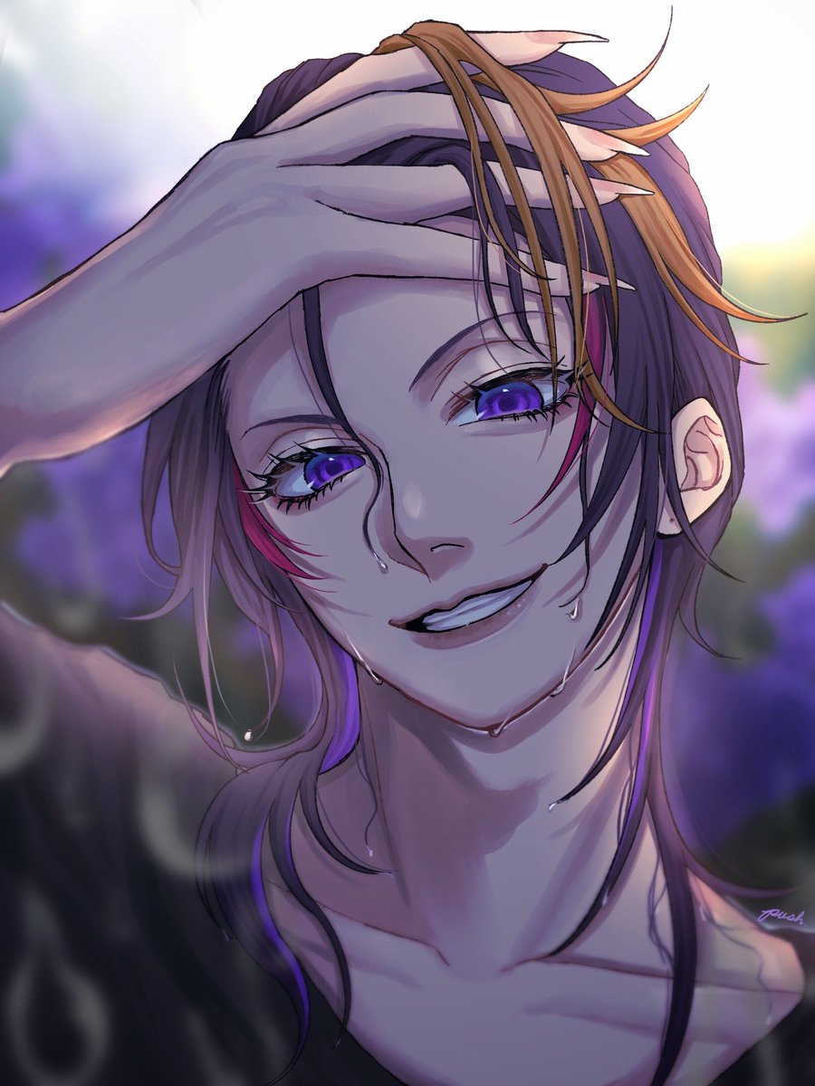 male focus solo 1boy purple eyes streaked hair blurry smile  illustration images
