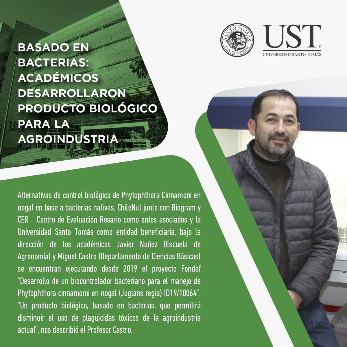UST_Santiago's tweet photo. #Biocontrolador Trabajo científico que desarrollan los profesores Miguel Castro, del Departamento de Ciencias Básicas, y Javier Núñez, de la Carrera de Agronomía, fue publicado en Portal Frutícola. Nota completa: https://t.co/0800HtadM9
#UST #TúPuedes #Agronomía #Ciencia #Nogal https://t.co/RJ1mzoEwTx
