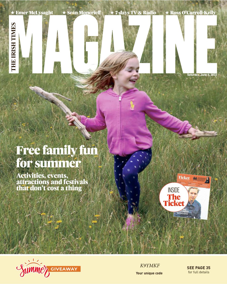 In <a href="/IrishTimesMag/">Irish Times Magazine</a> tomorrow: <a href="/conor_pope/">Conor Pope</a>'s 40 free things to do with the family this summer; a gorgeous extract from <a href="/TadhgCoakley/">Tadhg Coakley</a>'s memoir about a kiss from his dad, and affection in sport; and @Easkeysurf tells <a href="/ruthoconnorsays/">Ruth O'Connor</a> about her very cool Seasuit for <a href="/finisterre/">Finisterre</a>