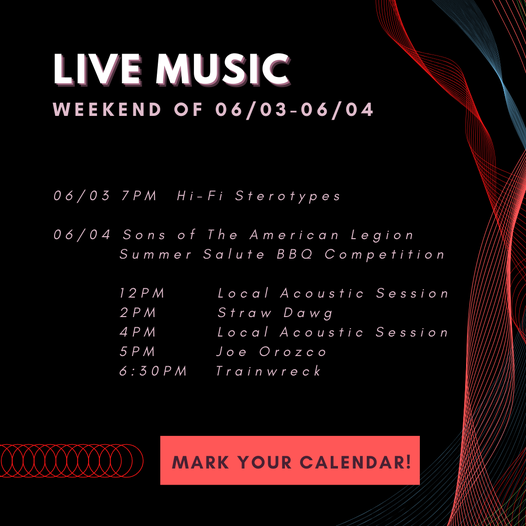 This weekend's Live Music line up 
Hifi-Stereotypes tonight
Multiple bands for fundraiser supporting the American Legion