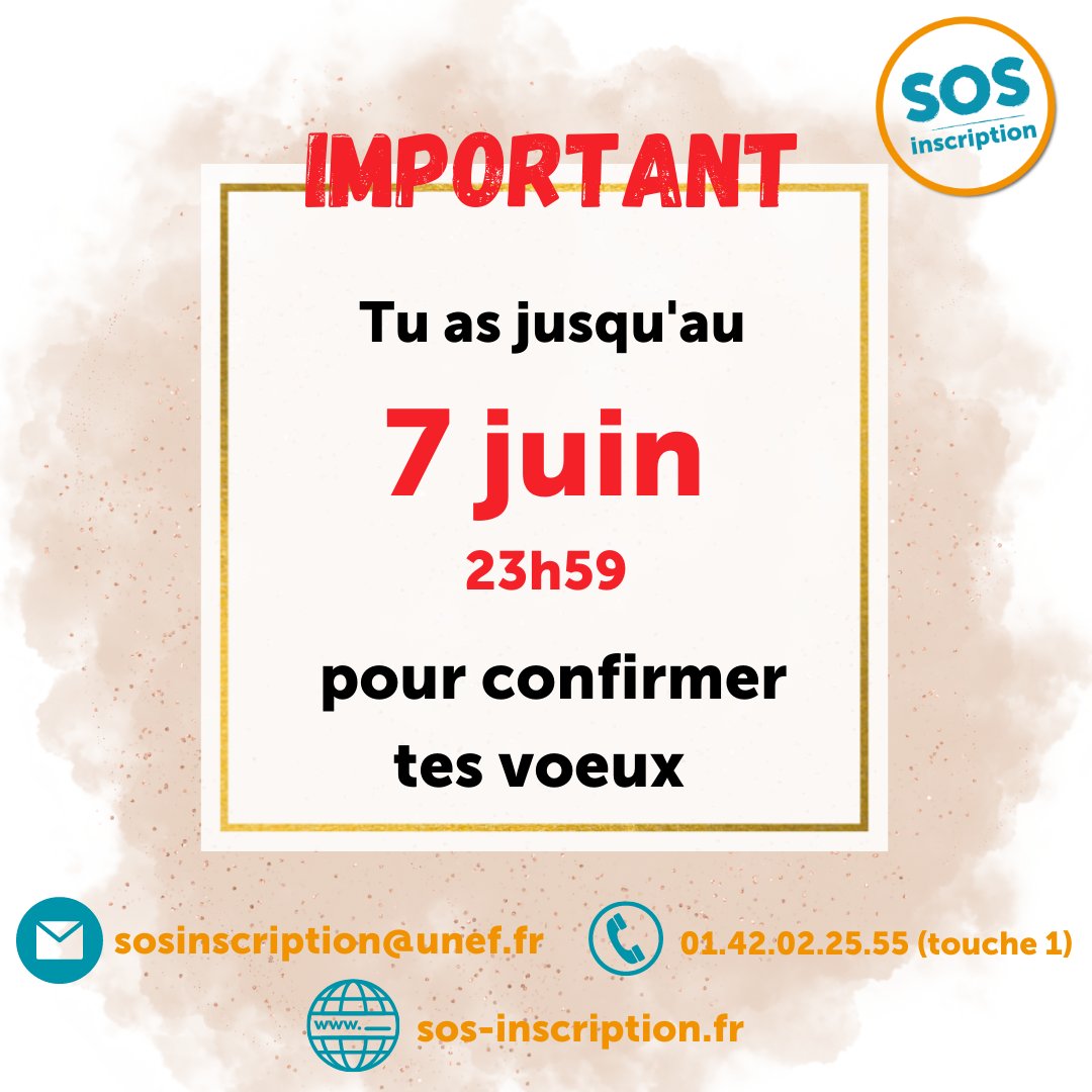 UNEF's tweet photo. N'attends pas la dernière minute pour valider tes choix, même si ce n'est pas ton choix favori. Cela t'assures quand même d'avoir une formation en attendant d'autres propositions.
#parcoursup #sosinscription #etudesup https://t.co/dPROEOspQh
