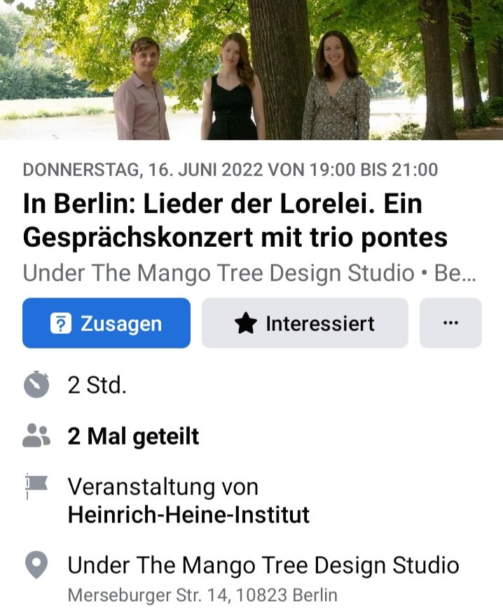 MariaCBehrendt's tweet photo. Juhuu, endlich ist unser #TrioPontes wieder auf der Bühne zu erleben - und zwar mit einem Gesprächskonzert zur Lorelei bei der Berliner Sektion der Heinrich-Heine-Gesellschaft am 16.6.! #Kunstlied #Romantik #Lecturerecital https://t.co/D4bidvvh9D