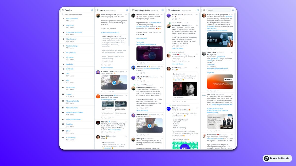 11. TweetDeckCreate a customized view of Twitter.View multiple lists on-screen together. Schedule tweets. Easily watch on specific keywords and topics.  https://tweetdeck.twitter.com/ 