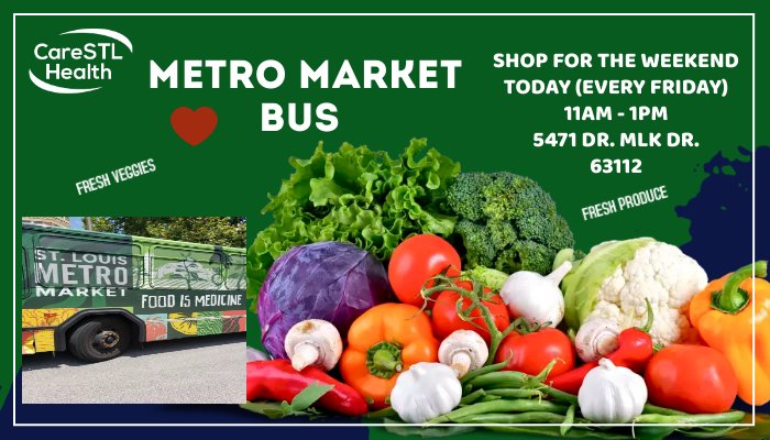 The Metro Market Bus arrives at 11am.  Fresh veggies, produce, meat and other items are available.  They will be at 5471 Dr. MLK Dr. until 1pm.  #freshfood #health #healthyliving #foodismedicine