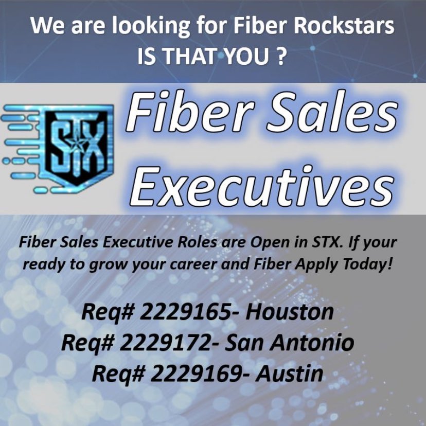 STXspeaks (@stxspeaks) on Twitter photo We are hiring in STX. We have 15 Fiber Sales Executive roles open. Are you ready to grow your career and FIBER? Than we want you !! Apply Today on Career Path. <a href="/STXspeaks/">STXspeaks</a> <a href="/STXSpeedsetters/">STX Speedsetters</a> <a href="/stxsigteam/">STX Signature Team</a> #WeAreSTX #LifeAtAtt #FiberFiberFiber We are hiring in STX. We have 15 Fiber Sales Executive roles open. Are you ready to grow your career and FIBER? Than we want you !! Apply Today on Career Path. <a href="/STXspeaks/">STXspeaks</a> <a href="/STXSpeedsetters/">STX Speedsetters</a> <a href="/stxsigteam/">STX Signature Team</a> #WeAreSTX #LifeAtAtt #FiberFiberFiber