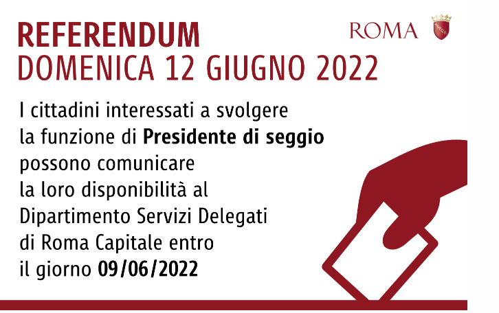 Roma's tweet photo. 📢 Reperimento Presidenti di Seggio per il referendum del 12/6: modalità e compensi. 
📍posso candidarsi gli iscritti nelle liste elettorali di Roma Capitale, in possesso del diploma di istruzione secondaria di secondo grado, entro il 9/6.
info 👉 https://t.co/wR2CfHTa6K https://t.co/oWFDP0kiXc