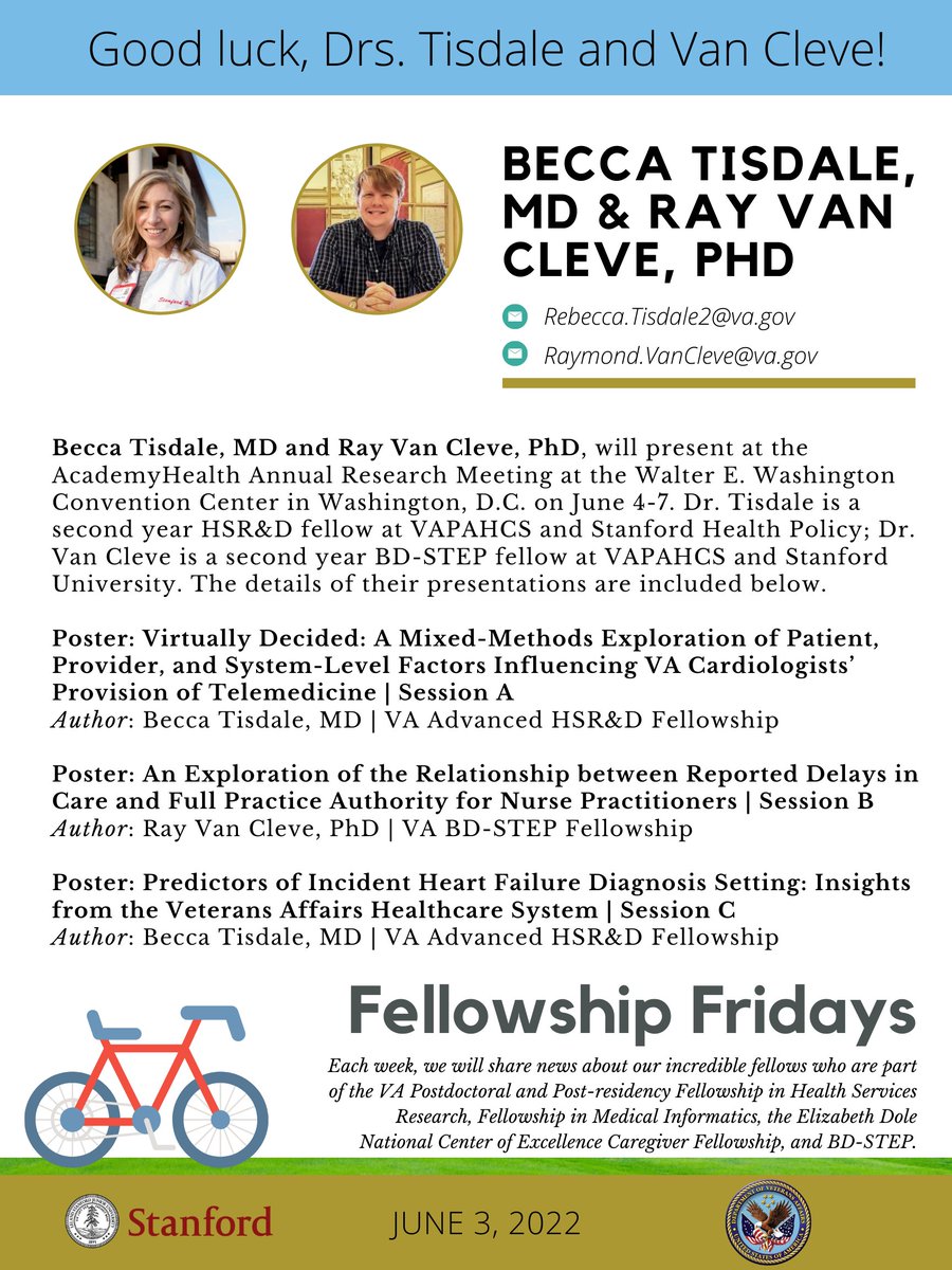 Good luck, <a href="/beccatis/">Rebecca Tisdale MD, MPA</a> and <a href="/RayVC4/">Ray Van Cleve</a>! <a href="/Ci2iVA/">Innovate2Implement</a> <a href="/vahsrd/">VA HSR</a> <a href="/VAPaloAlto/">VA Palo Alto HCS</a> <a href="/StanfordHP/">StanfordHealthPolicy</a> <a href="/AcademyHealth/">AcademyHealth</a>