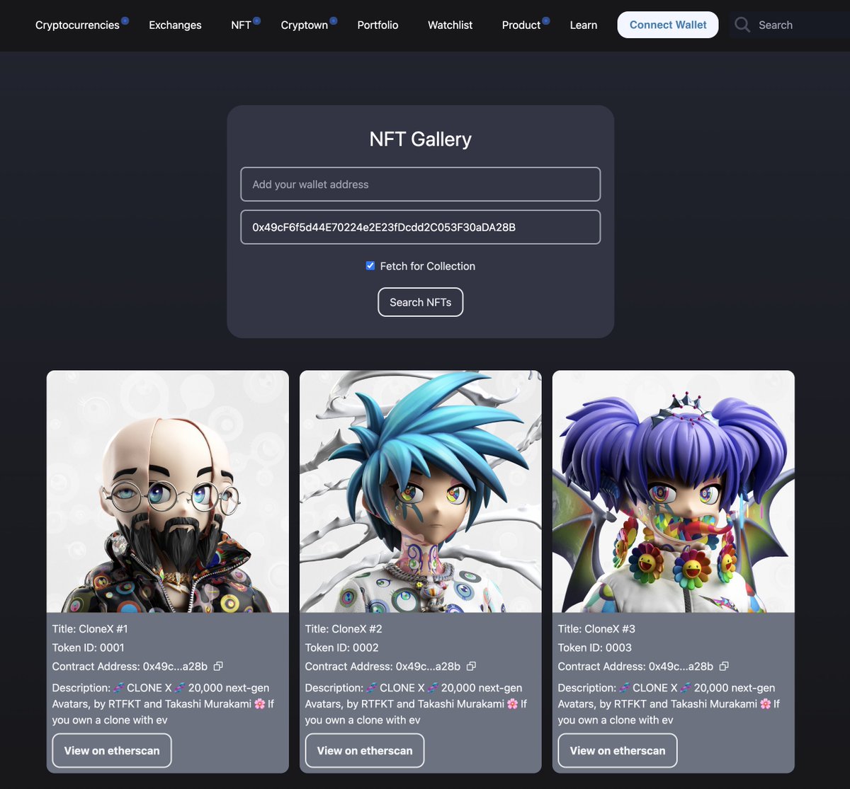 AlexMJLEE's tweet photo. 2.Challenge: Render all collections from contract address.
I used "startToken" and "nextToken" from Alchemy NFT API("getNFTsForCollection"). But I only rendered 100 NFTs in my project. https://t.co/wqnuCSHwbT