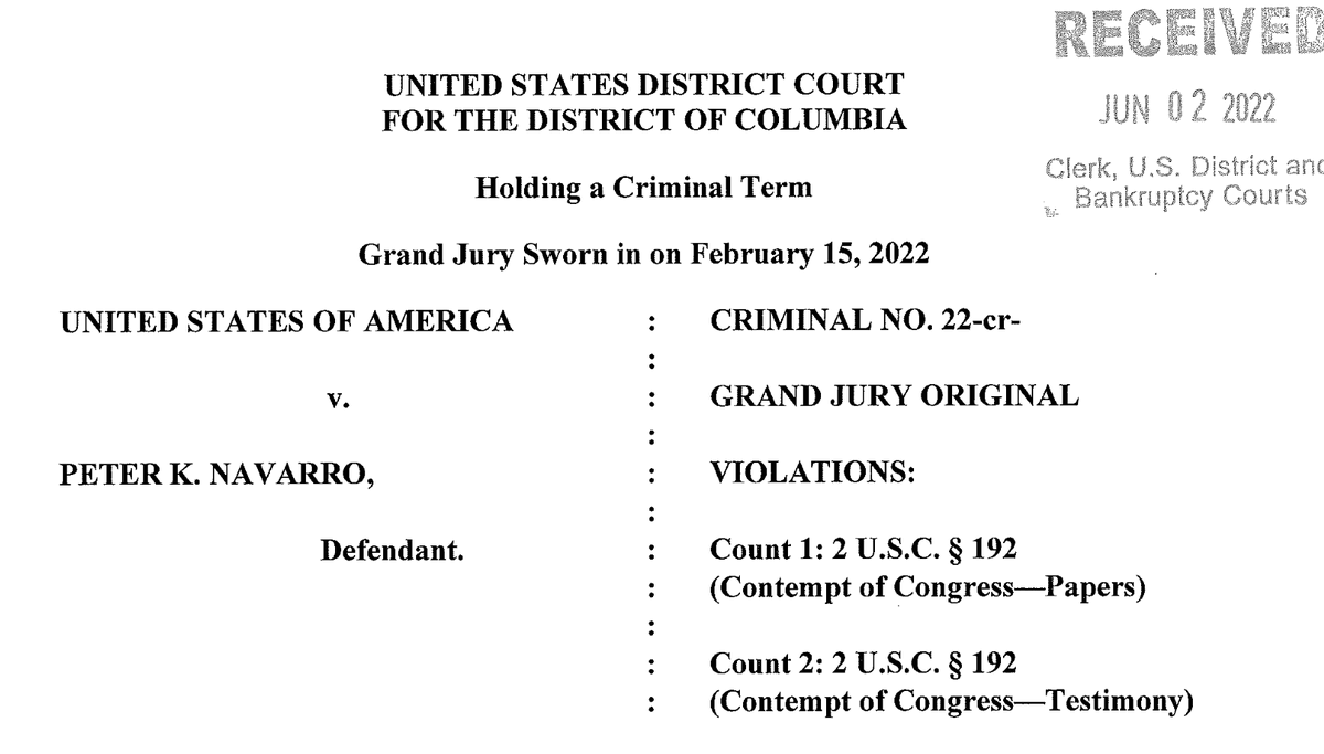 KlasfeldReports's tweet photo. Peter Navarro indicted for contempt of Congress. @LawCrimeNews https://t.co/PVozj83mEC