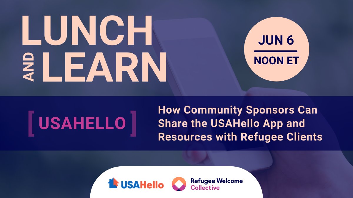 Join Refugee Welcome Collective and <a href="/USAHello_org/">USAHello</a> this Monday, June 6th at 12:00 p.m. ET for a Lunch and Learn walk-through of the USAHello App and how community sponsors can use it to support refugee clients. Register now: bit.ly/3sNmcSd