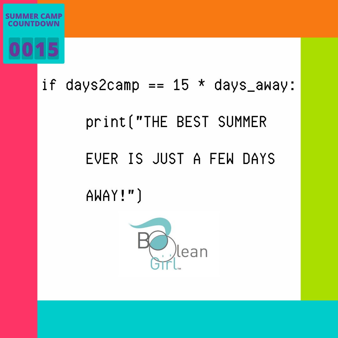 BooleanGirlProj's tweet image. With the best summer ever just 15 days away, now is the time to get in your last minute sign up! Head to booleangirl.org/camps to register your daughter today!
#summercamp #scratchcoding #scratchcodingforkids #stemgirls #stemeducation #stemlearning #stemactivities #stemforkids