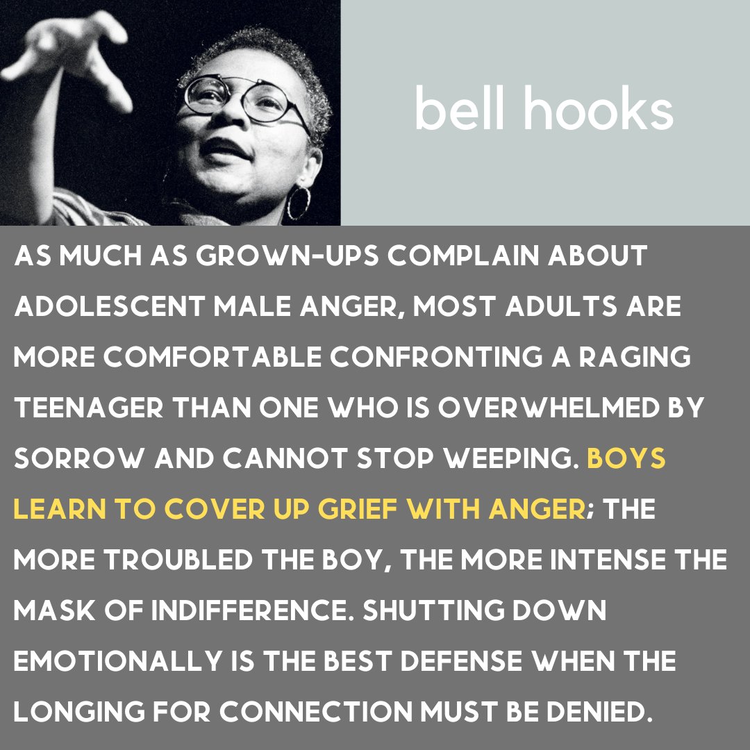 CreaMasculinity's tweet photo. When boys feel feelings that they don’t see adult men expressing, they learn that being a man is about repression. 

Share this with someone who needs it. 

#bellhooksquotes https://t.co/OvlAZ7afyo