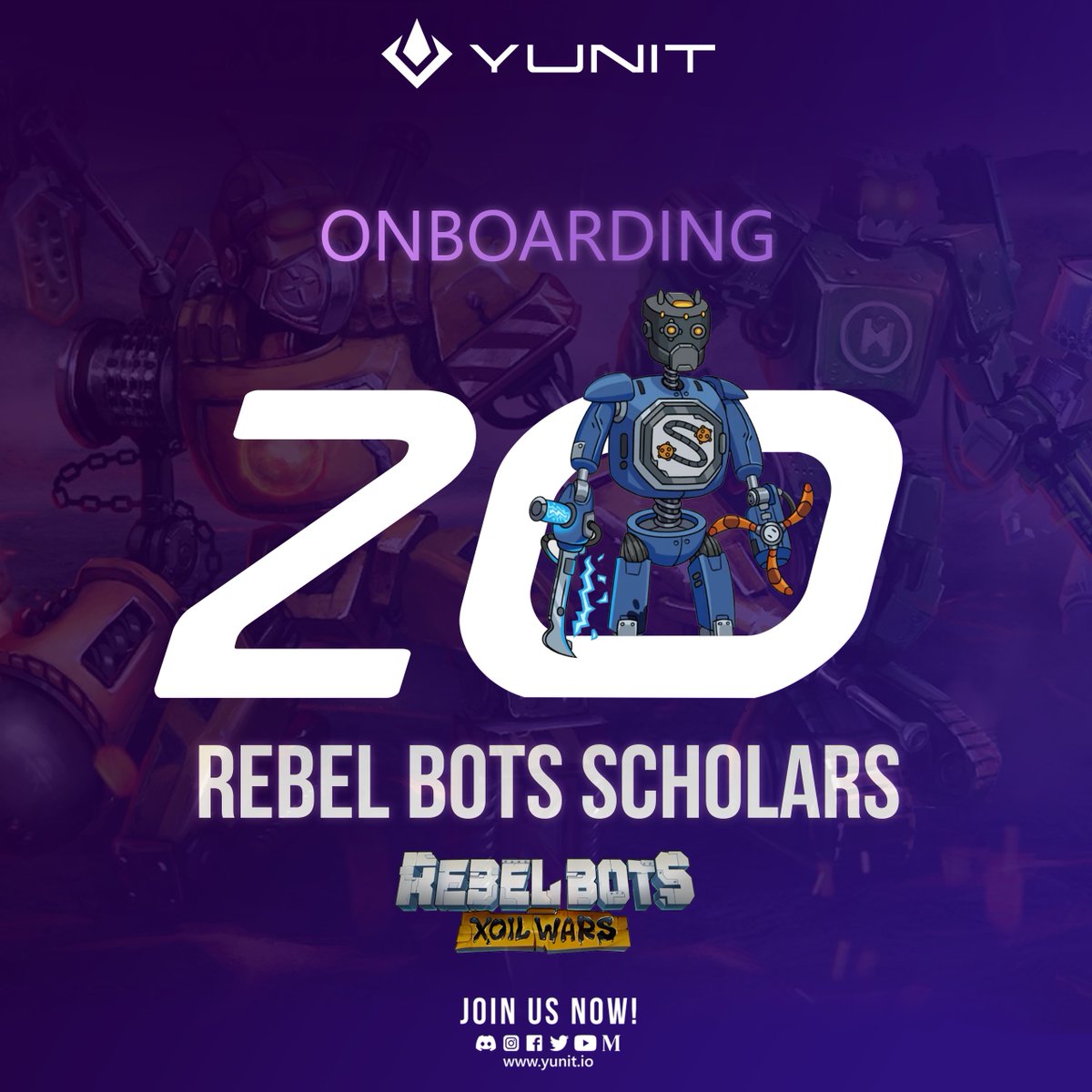 YunitGaming's tweet photo. 📢 ATTN: ASPIRING REBEL BOTS SCHOLARS 📢

Thanks to your support, we'll be onboarding 20 #REBELBOTS SCHOLARS 🤖  

Like, follow @YunitGuild, and RT to join the #YunitArmy 🕹🔗 rebel-bots-giveaway at https://t.co/BWhJgzKN57  

#RebelBotsScholarship #P2E #PlaytoEarn #NFTgame https://t.co/6tizdatxiF