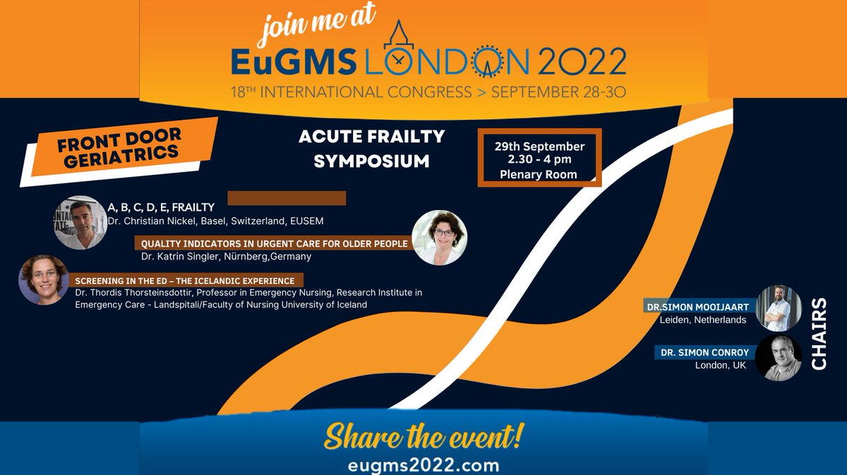 EuGMS - European Geriatric Medicine Society (@eugmssociety) on Twitter photo Everything you need to know about setting up your front door frailty service! London, EuGMS Congress - Sep 29th, Thursday, 14:30 - 16:00, Plenary Room
eugms2022.com/wp-content/upl…
<a href="/replynickel/">Christian H. Nickel</a> @disakata @DrSimonPM <a href="/Singler1Katrin/">Katrin Singler</a> <a href="/GERED_DOC/">Simon Conroy</a> Everything you need to know about setting up your front door frailty service! London, EuGMS Congress - Sep 29th, Thursday, 14:30 - 16:00, Plenary Room
eugms2022.com/wp-content/upl…
<a href="/replynickel/">Christian H. Nickel</a> @disakata @DrSimonPM <a href="/Singler1Katrin/">Katrin Singler</a> <a href="/GERED_DOC/">Simon Conroy</a>