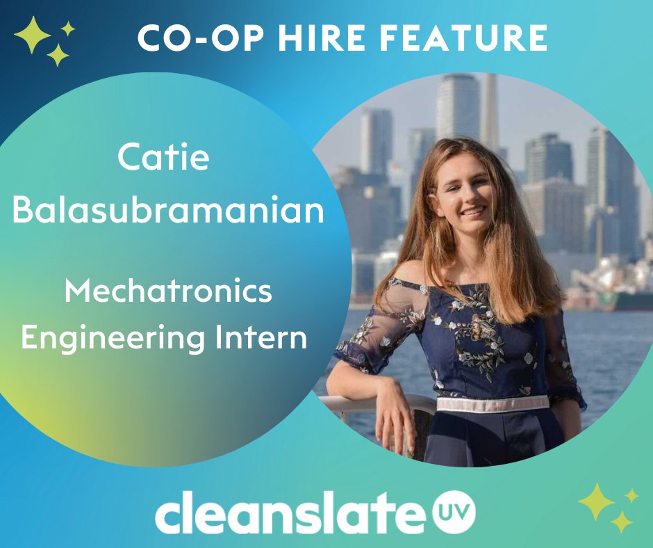 cleanslateuv's tweet photo. This week's co-op feature is Catie Balasubramanian!🎉
Catie is a university student at Waterloo studying biomedical engineering! 🛠️
At CleanSlate UV her role will be will be a mechatronics engineering intern!
Stay tuned for next week! 🤩
#Coops #CleanSlateUV https://t.co/ZYYunkPXE7