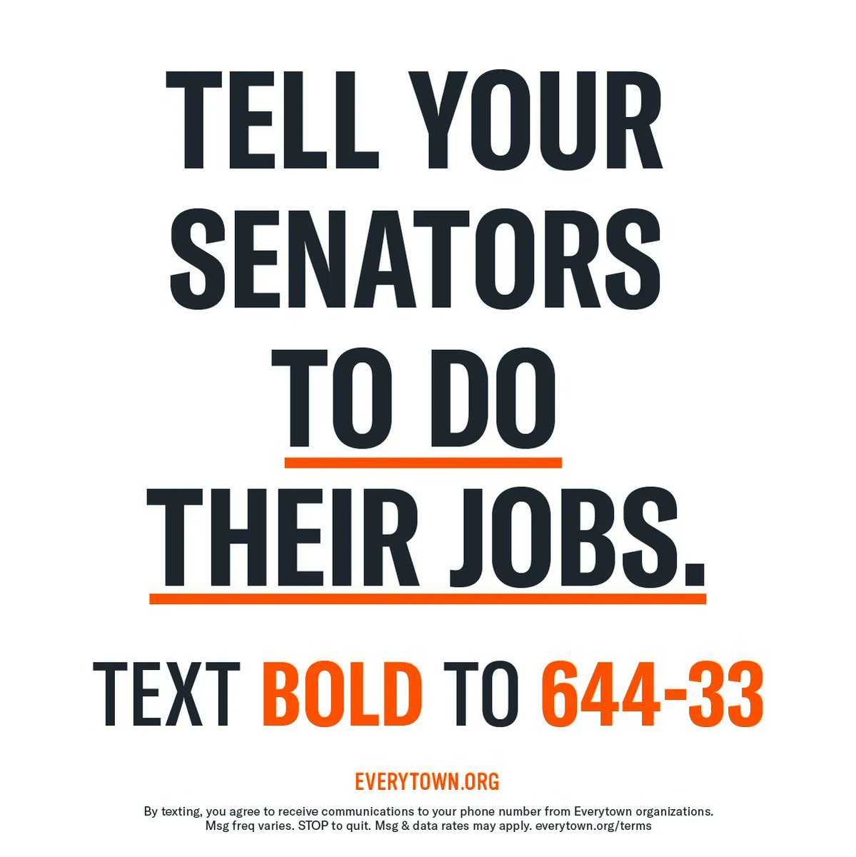 Everytown's tweet image. We #WearOrange today to demand bold, long-overdue action from our lawmakers to #EndGunViolence. 

As you join us today in wearing orange and spreading awareness about gun violence, tell your senators to do their jobs: Text BOLD to 644-33.