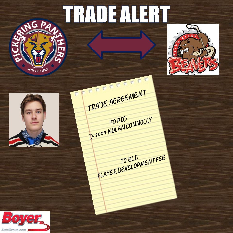 🚨TRADE ALERT🚨

As one season ends , another one begins !

<a href="/BoyerPickering/">Boyer Pickering</a> Panthers have acquired Nolan Connolly from the <a href="/BeaversNOJHL/">Blind River Beavers</a> in exchange for a Player Development Fee!

Welcome to the Den Nolan!

#PantherPride #Tour2223