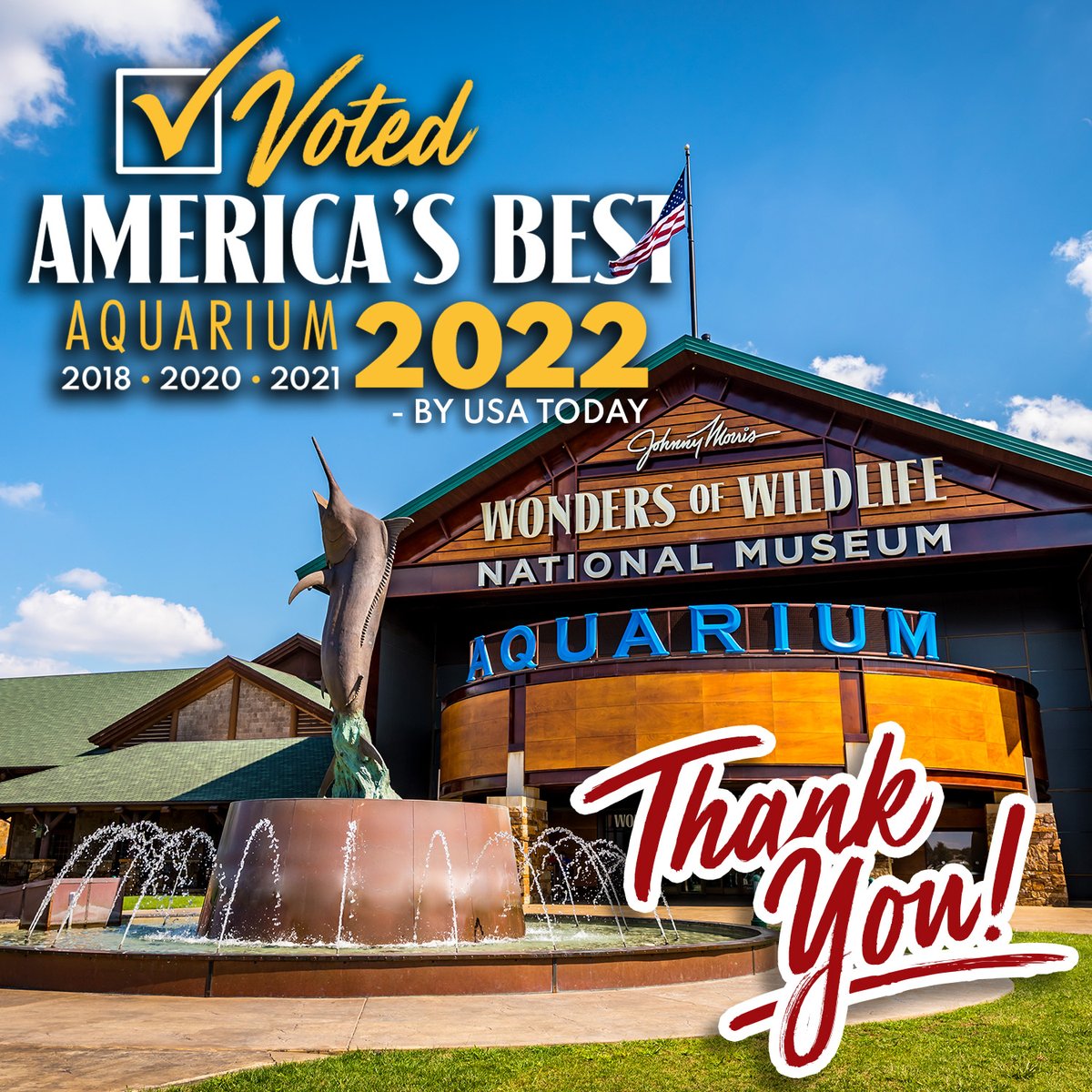 WOWaquarium's tweet photo. ⭐ We've got BIG news ⭐
Johnny Morris' Wonders of Wildlife has been named America's BEST Aquarium by @usatoday for a ʀᴇᴄᴏʀᴅ-ʙʀᴇᴀᴋɪɴɢ 4th year! Thank you to all who voted and everyone behind our important work in conservation. https://t.co/b20hfAsr0A