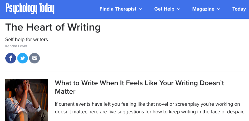 Kendra Levin (@kendralevin) on Twitter photo For <a href="/PsychToday/">Psychology Today</a> I offered up five ways to write when the garbage fire of the world makes focusing on your own work feel difficult or meaningless. psychologytoday.com/us/blog/the-he… For <a href="/PsychToday/">Psychology Today</a> I offered up five ways to write when the garbage fire of the world makes focusing on your own work feel difficult or meaningless. psychologytoday.com/us/blog/the-he…