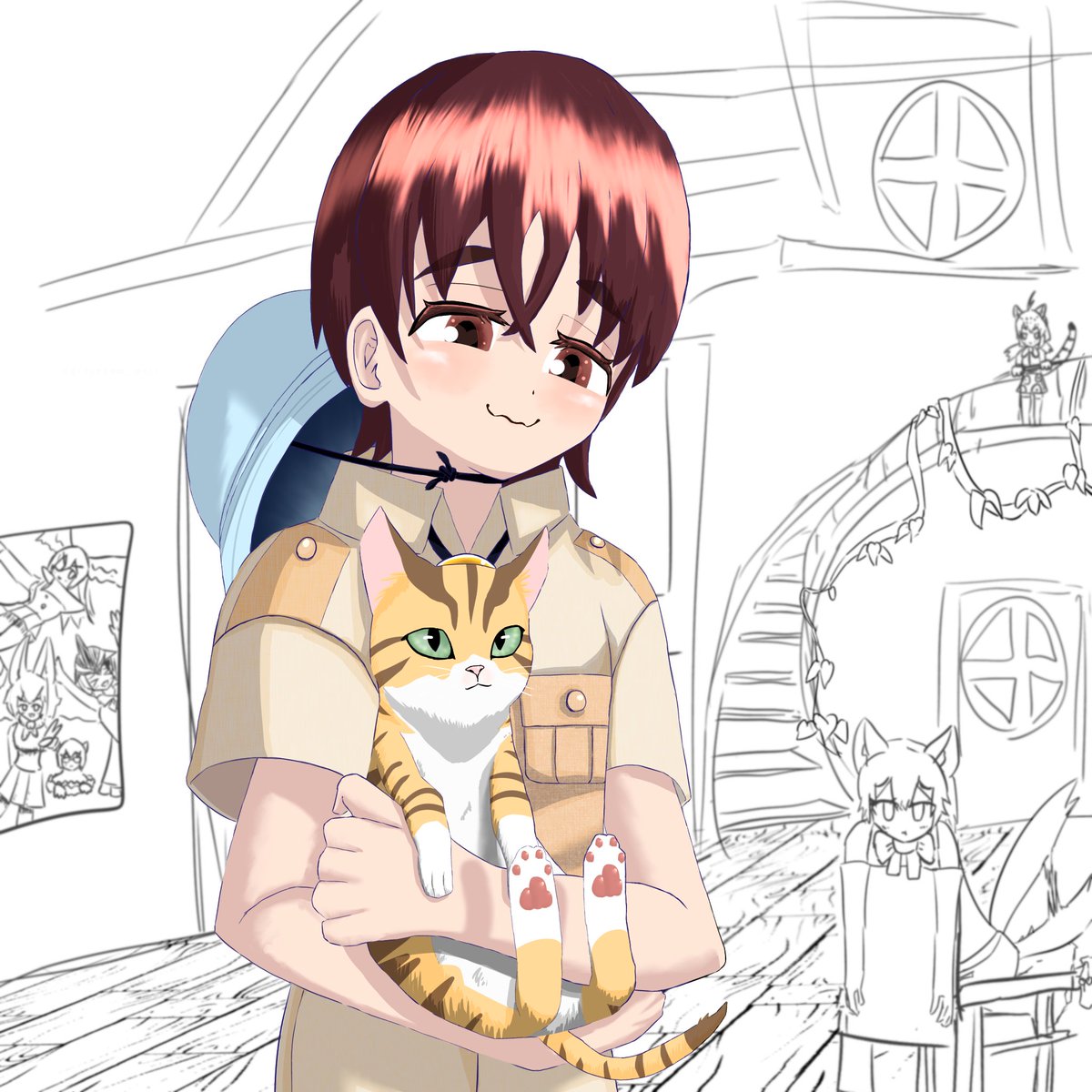 けものフレンズ「隊長さんで猫とハグする日#けものフレンズ #けもフレ3 」|虹色のイラスト