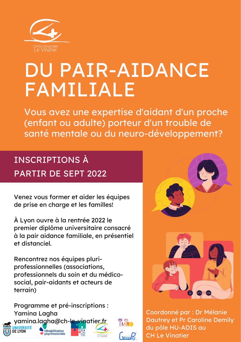 Votre proche est concerné par les troubles psychiques/ du Neurodéveloppement ? #Partagez et développez votre savoir expérientiel! Un premier Diplôme d’Université à Lyon!
#santementale #pairaidance #familles #reseaux #pluridisciplinarite #pairs #TSA #autisme #TND #universitelyon1