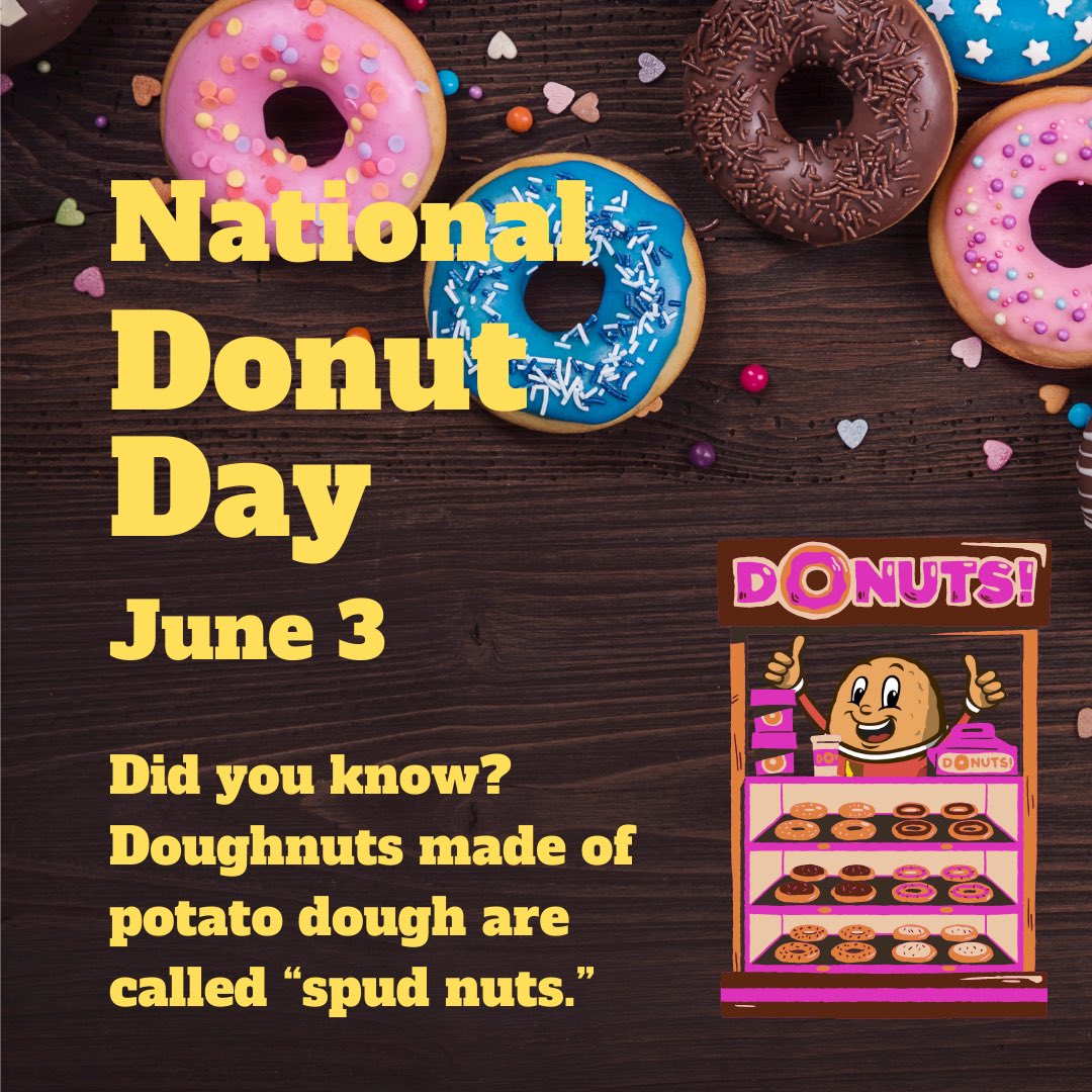 BigIdahoPotato's tweet photo. Happy National Donut Day everyone! 🍩💛 Have you ever tried a Spudnut before? 🤔
#nationaldonutday #bigidahopotato #idahopotato #imapotato #potato #spudnuts #potatodough https://t.co/j3lVbDVHE5