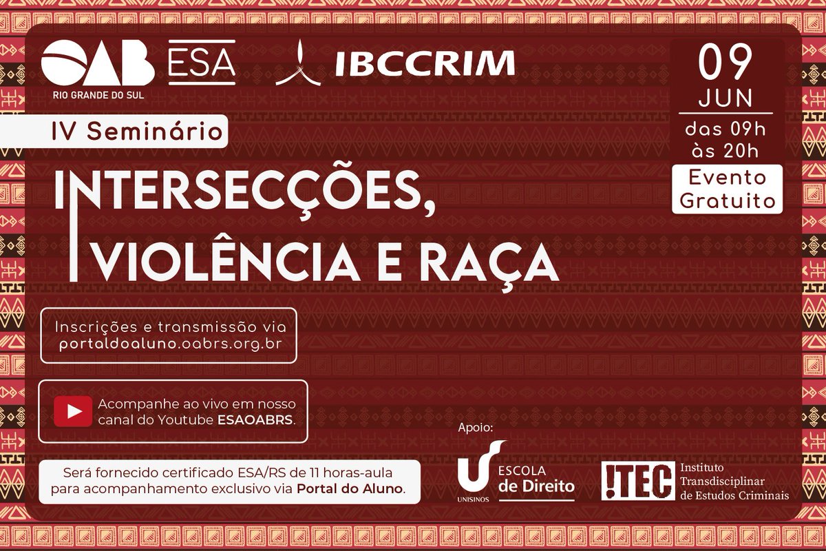 A ESA/RS, em parceria com o IBCCRIM, realiza o IV Seminário Intersecção, Violência e Raça. O Seminário busca debater temas que transversalizam  a Intersecção, Violências e Raças, a partir da perspectiva do Direito Penal e Direitos Humanos. Confira em: bit.ly/3PZ9LwF