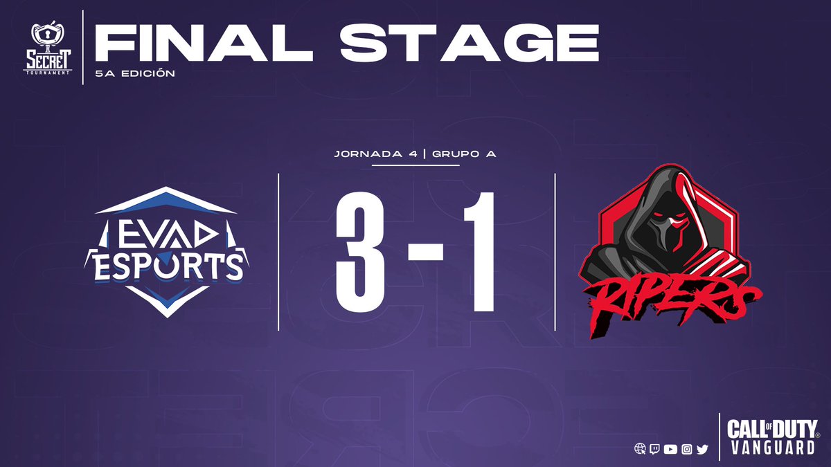 #SecretCODLeague #Vanguard 

¡Finaliza el partido con victoria del conjunto de <a href="/EsportsEVAD/">EVAD Esports</a> tras vencer por 3-1 al equipo de <a href="/Ripers_Spain/">Ripers E-Sports España</a>!

¡La Jornada 4 del Final Stage finaliza el domingo con la disputa del partido entre <a href="/EspectroEC/">Espectro Esports™</a> y <a href="/MagnaEsport/">MAGNA ESPORTS</a> a las 19:00H!