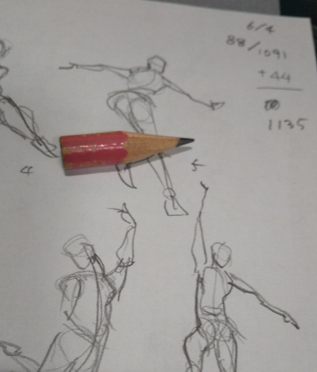 #アスジェス
88日/1135体
今日は30秒で約20分、44体描いた!
30秒で人がどんなポーズをとっているか?だけを伝える線を描く練習。3枚目写真で抽出したやつ、お気に入り。
そして…鉛筆ってどこまで使えますか😂
愛着沸いて捨てられない😂😂 