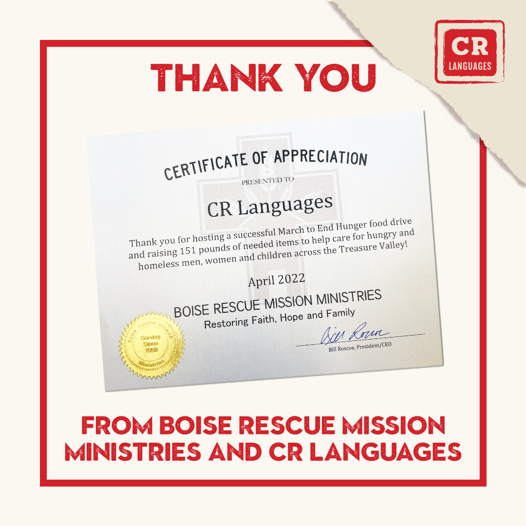 CRLanguages's tweet photo. We wanted to share this certificate and letter with all of our teachers and students who donated. Thank you for donating.
#Boiserescue #boiserescuemission #marchtoendhunger #boise #gooutlocal #endhunger #fooddonations #giveback #idahome #CRLanguages https://t.co/Y6ET3ekgSk