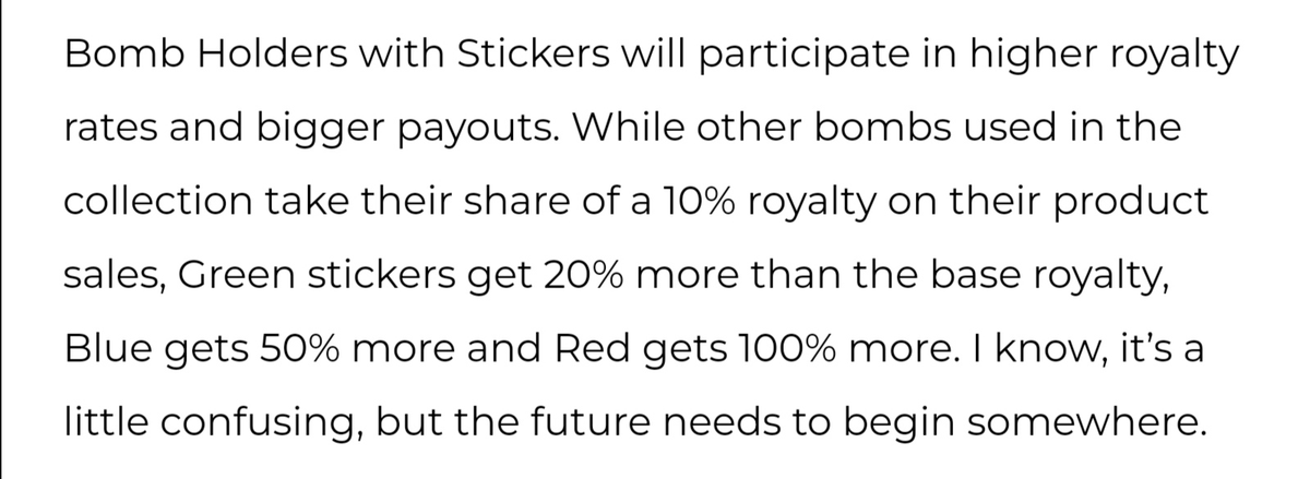 BigM33sh's tweet photo. 5/
ROYALTIES!

@bobbyhundreds and @BenHundreds found a way to give back to their community through NFTs!!! Own a bomb that finds its way on merch??? Split 10% of the royalties with other holders of that exact bomb! Red Sticker bombs get double the royalties!

Got paid for 2! 😏😎 https://t.co/BtPInvbGKp