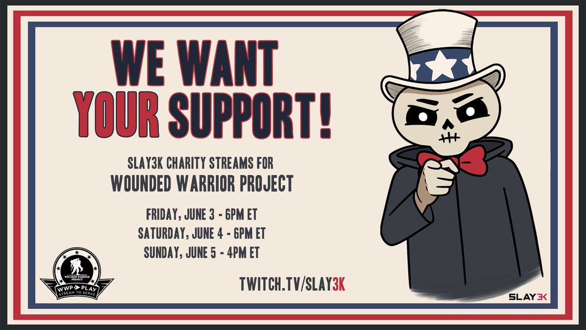LIVE NOW!

Kicking off our 2022 Charity Streams supporting #WoundedWarriorProject!

Come hang out at twitch.tv/slay3k!

<a href="/wwp/">WWP</a> <a href="/tiltify/">Tiltify</a> #sinktheship #slay30k <a href="/Twitch/">Twitch</a>