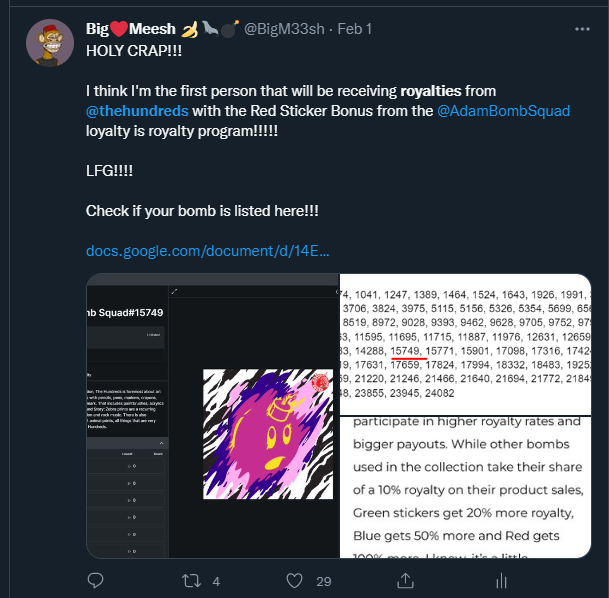 BigM33sh's tweet photo. 5/
ROYALTIES!

@bobbyhundreds and @BenHundreds found a way to give back to their community through NFTs!!! Own a bomb that finds its way on merch??? Split 10% of the royalties with other holders of that exact bomb! Red Sticker bombs get double the royalties!

Got paid for 2! 😏😎 https://t.co/BtPInvbGKp