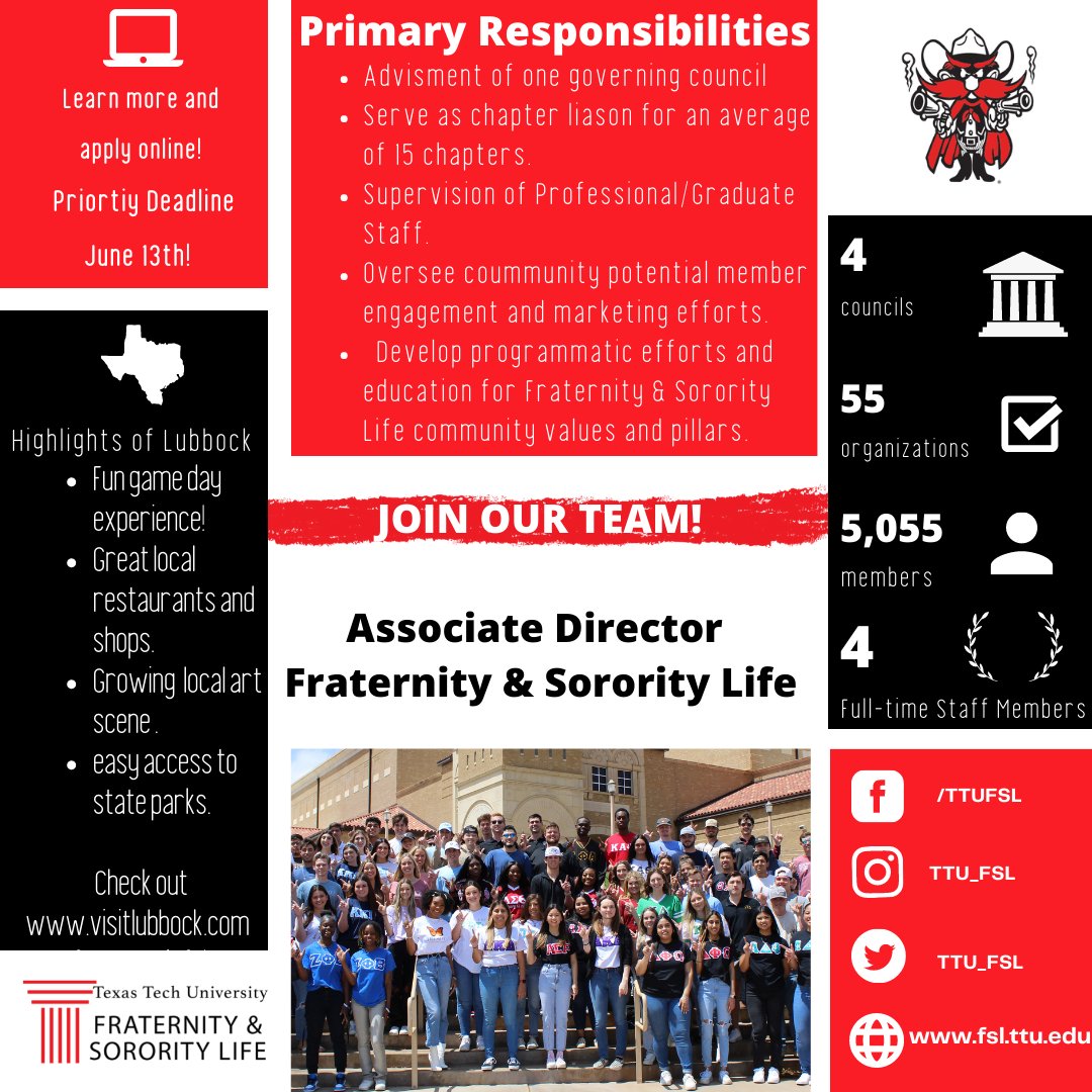 Come join the TTU FSL Team as an Assistant Director: sjobs.brassring.com/TGnewUI/Search…... or the Associate Director: sjobs.brassring.com/TGnewUI/Search….... Wreck 'em Tech!