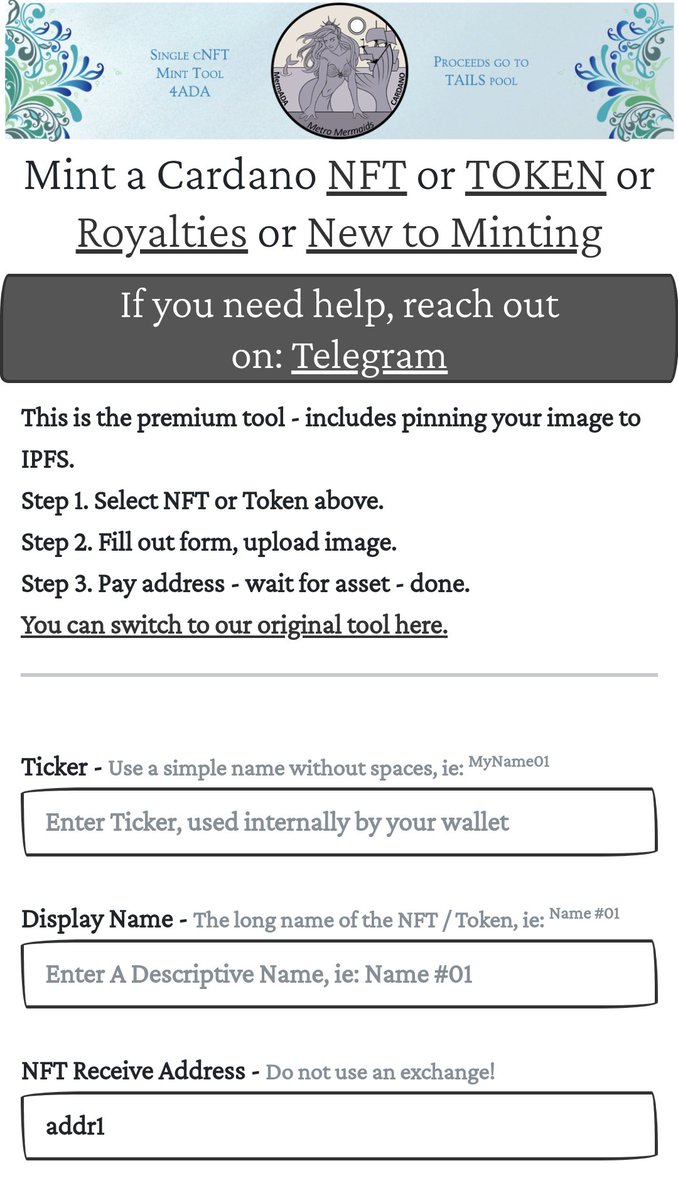 _mermada's tweet photo. You haven't minted an #NFT on #Cardano?

6 simple steps with our mint tool will have you on your way!

1 Name your NFT
2 Enter your receiving address
3 Add additional details in the optional fields
4 Upload your image
5 Check Policy Details
6 Click Create NFT

 #NFTTool #NFTTools https://t.co/tOJMBfgFCv