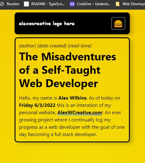 alexdubullew's tweet photo. Day 2 working on my personal website without a javascript framework. Honestly if you know what to Google, you can solve a lot of Design problems with CSS. 
#coding #webdev #dadcoder https://t.co/jXgg0U8kb6