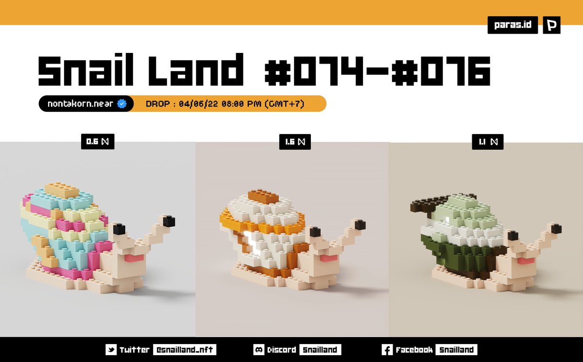 🔴NEW DROP !!
Snail Land #074-#076 New drop has arrived !! 🐌✨❣️
Paras: paras.id/collection/sna…
Discord: discord.gg/Wyu6KrPbST

📅 Drop : Saturday 04/06/22
⏰ Time : 08:00 PM (GMT+7)
#NFTCommumity #NFTcollections #NFTdrops #nftarti̇st #paras #NFT買います #SnailLand #nft