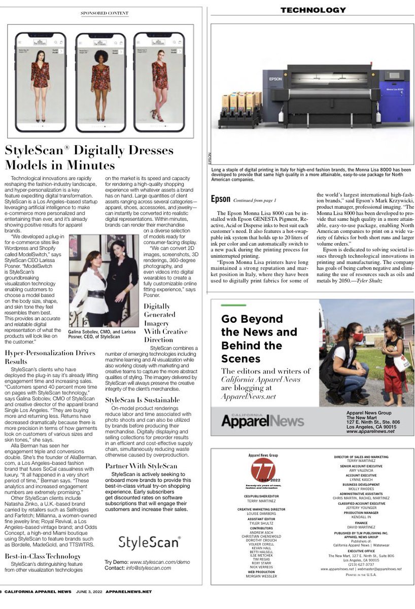 StyleScan_AI's tweet image. StyleScan was featured in this month’s issue of California Apparel News
Check it out: bit.ly/3GKB8X7
By digitally dressing women of all shapes and sizes, StyleScan generates zero textile waste– we are proud to be doing well while doing good!