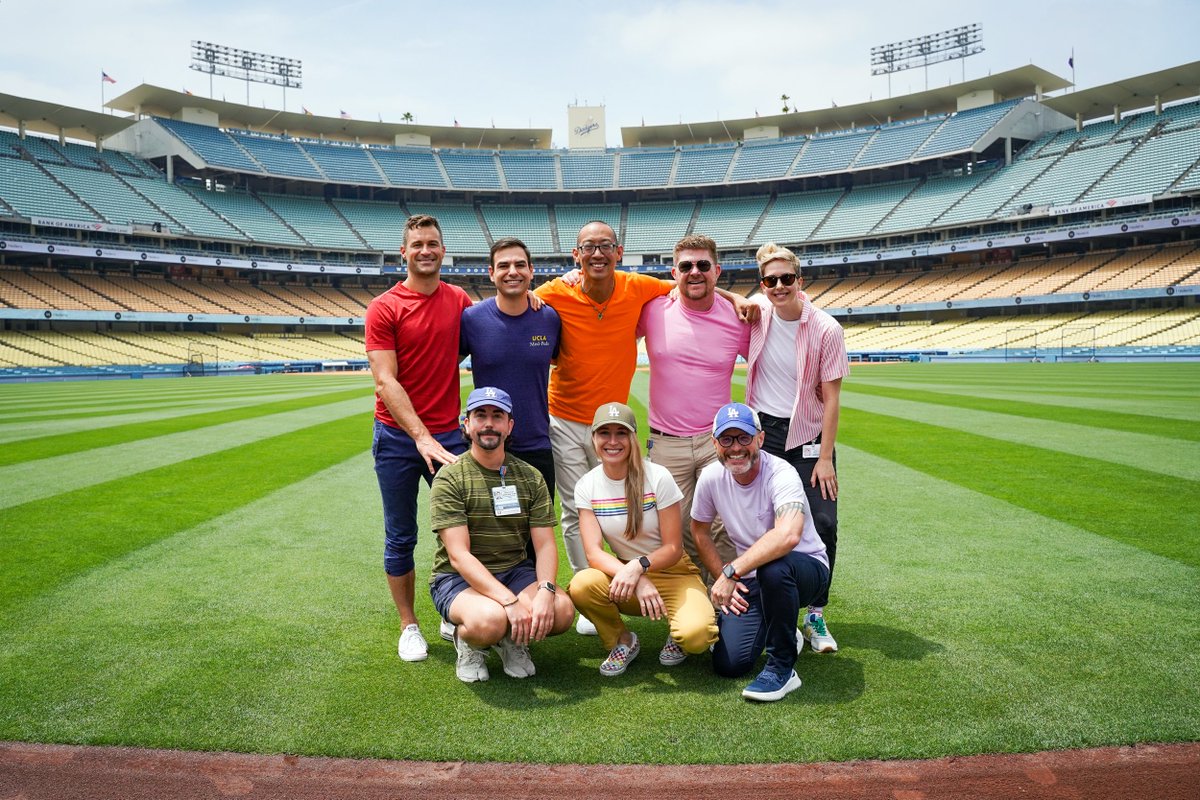 UCLAHealth's tweet photo. Members of our #LGBTQ Health Initiative received a VIP photo opportunity to unveil the UCLA Health #Pride logo, displayed in left field (behind CT3 or Gavin Lux) at @Dodgers Stadium this month. 

For a list of #PrideLA events we’re participating in, visit: https://t.co/D3Rb2H46jK https://t.co/SyssUq12Wj