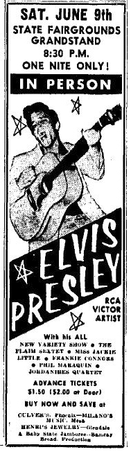 On this day in Arizona history, the one and only Elvis Presley performed at the state fairgrounds. Here’s an advertisement for his show in 1956.