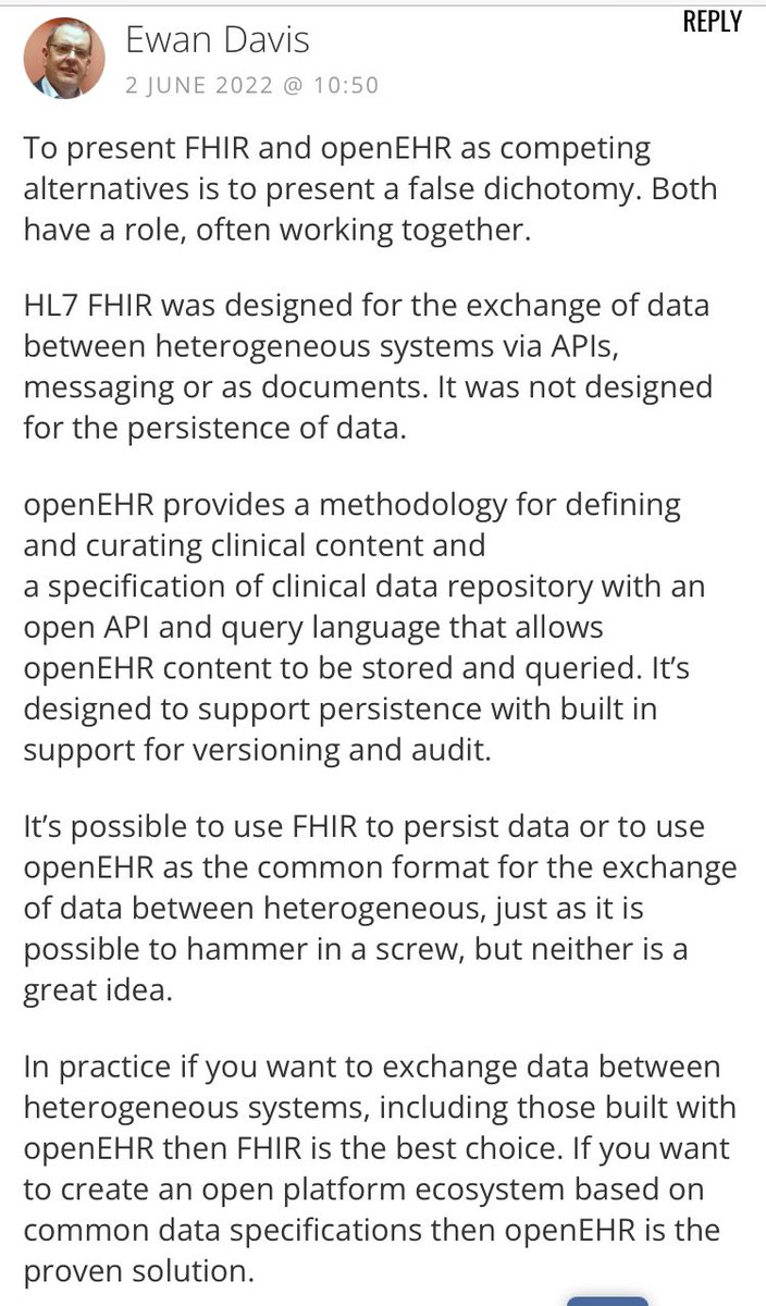 @omowizard <a href="/ErikSundvall/">Erik Sundvall</a> <a href="/alcidion/">Alcidion</a> <a href="/bettercareIT/">Better</a> As a frontline clinician #openEHR makes so much more sense than FHIR. Also <a href="/WoodcoteEwan/">Ewan Davis</a> mentions #openEHR and #FHIR should be seen as complimentary not competitors in the comments section of this article quite eloquently 👇🏽
