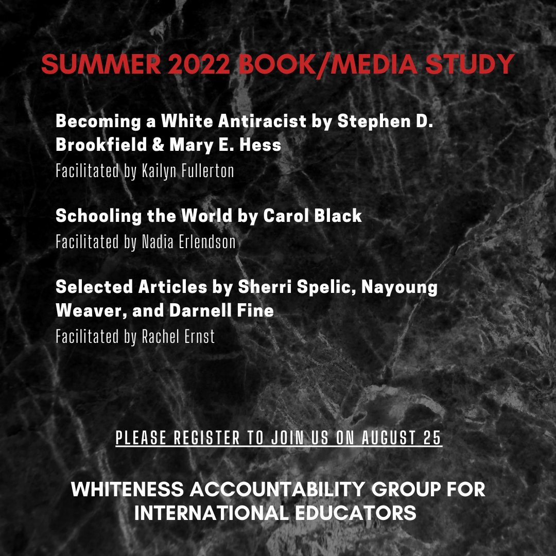 Retrying with the registration link! 
The Whiteness Accountability Group for International Educators will engage with a number of important pieces to further our work over the summer. 
Please join us on August 25. 
bit.ly/summeraccounta…
<a href="/kaifull/">Kaisan</a> <a href="/NErlendson/">Nadia Erlendson</a> @rachelernst