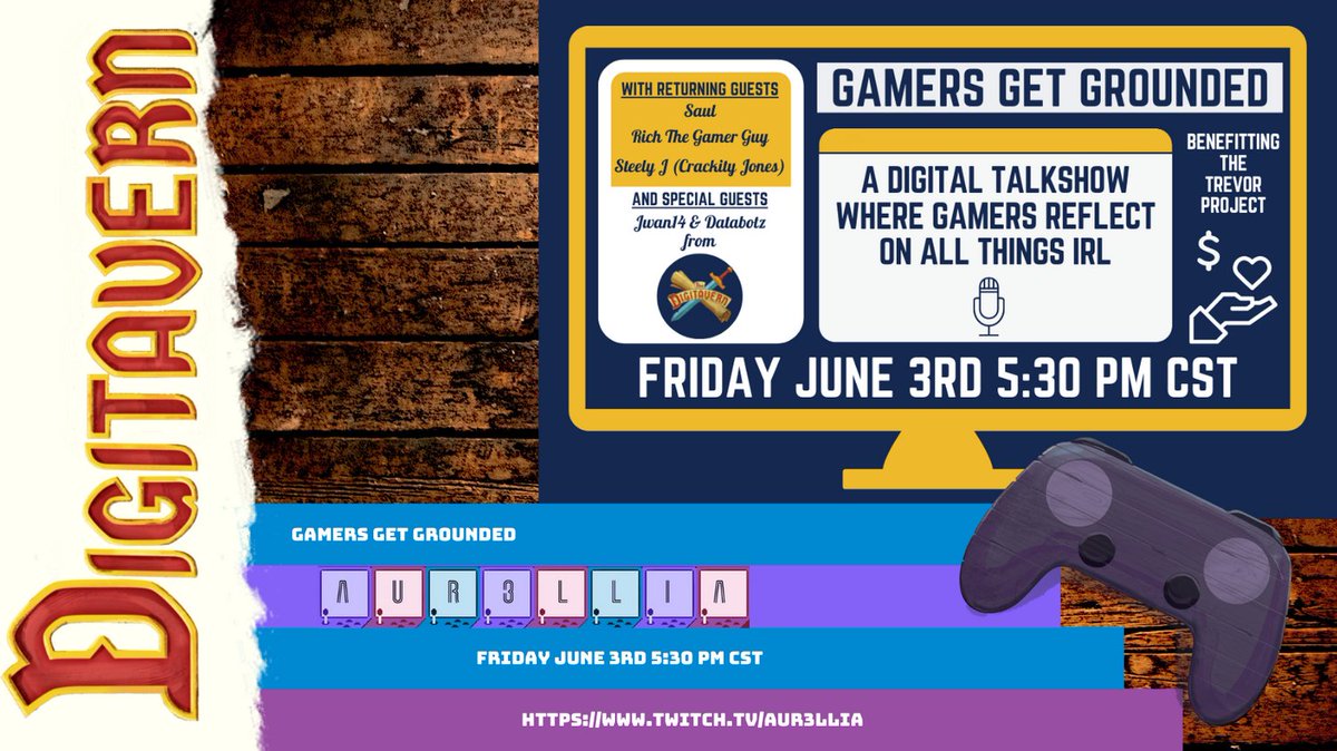 DigiTavern's tweet photo. We're teaming up with @Aur3lliaGames once again! This is going to be so much fun because it's a talk show where gamers get grounded. So catch the stream later tonight at 5:30 CST check the link #Twitch #TwitchStreamer #TalkShow #GamerTalkShow #LiveStream
https://t.co/FvuXEfFBpr https://t.co/IpXC4agTZh